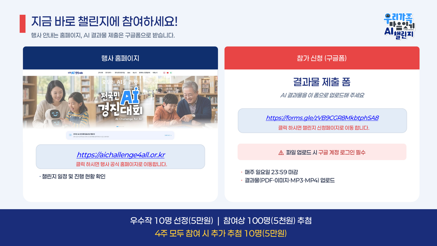 마음잇기 AI 챌린지 홈페이지와 결과물 제출 폼 안내